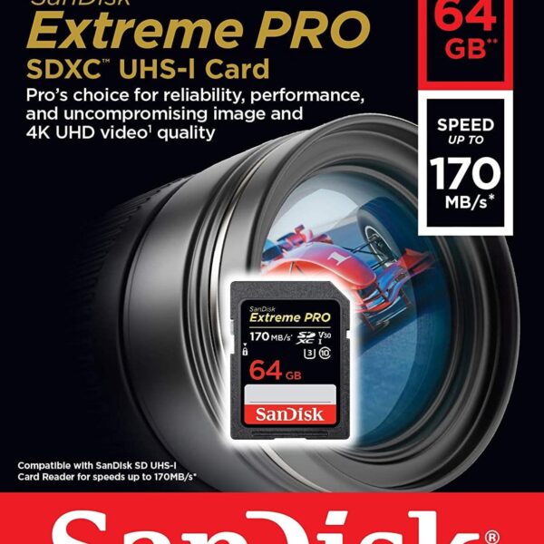 SanDisk 64GB Extreme PRO SDXC UHS-I Card - C10, U3, V30, 4K UHD, SD Card - SDSDXXY-064G-GN4IN 170mbps